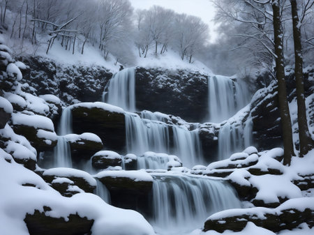 Snow hill with waterfall background, Generative AI Illustration.の素材