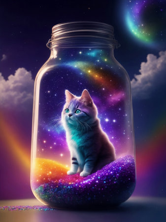 A small kitty in a dream magical jar, Generative AI Illustration.の素材
