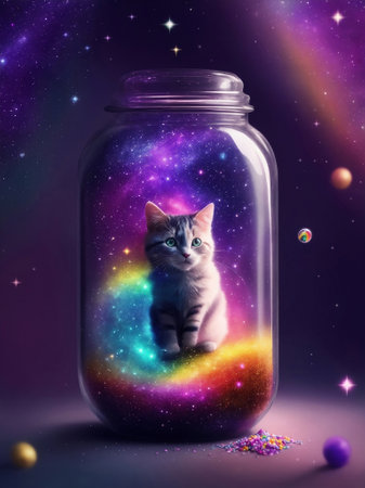 A small kitty in a dream magical jar, Generative AI Illustration.の素材