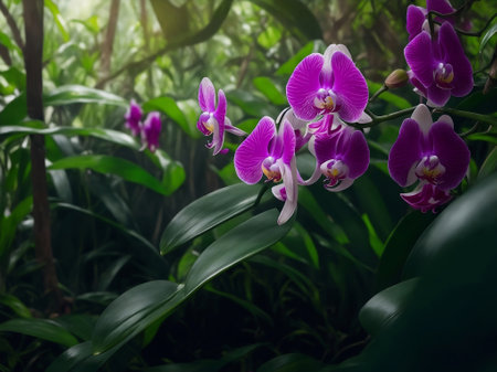 Green jungle with orchid, Generative AI Illustration.の素材