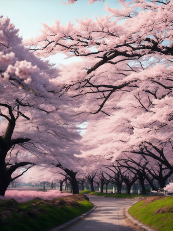 Sakura field in tokyo, Generative AI Illustration.の素材