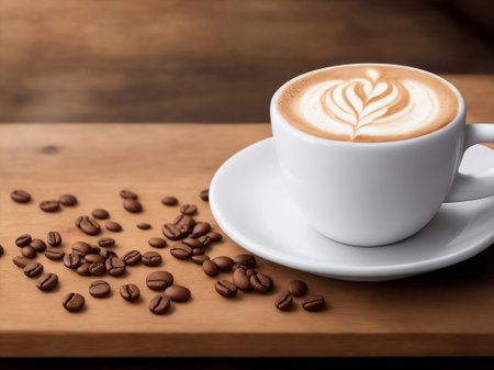 Hot coffee capuccino cup with latte art on wood table at cafÃ©, Generative AI Illustration.の素材