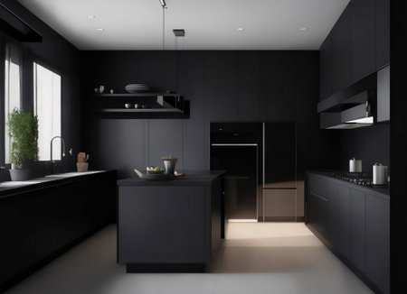 A dark matte modern kitchen room, Generative AI Illustration.の素材