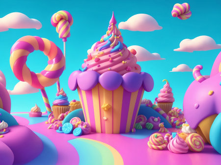 Colorful Candyland Background With Cupcake, Candies, Ice Cream, Clouds.の素材