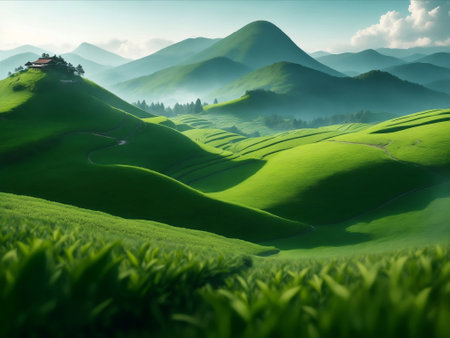 A green tea field on mountain, Generative AI Illustration.の素材