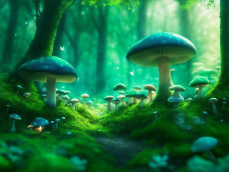 A magical green forest with mushrooms, Generative AI Illustration.の素材