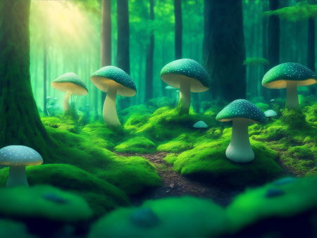 A magical green forest with mushrooms, Generative AI Illustration.の素材