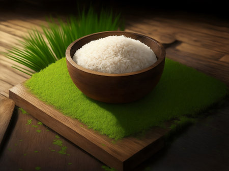 Rice in a bowl on wooden floor, Generative AI Illustration.の素材