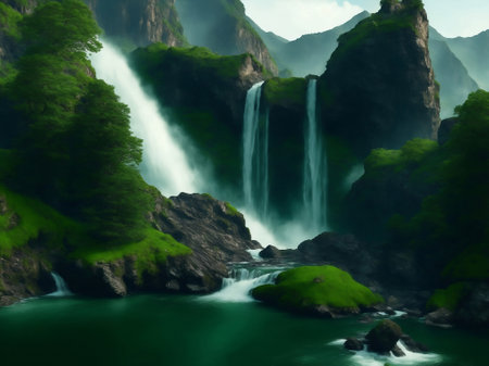 A moutain with waterfall green nature, Generative AI Illustration.の素材