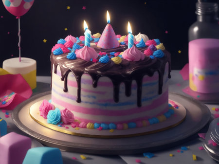 Cute happy birthday cake, Generative AI Illustration.の素材
