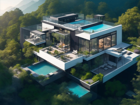 Aerial Exterior view of a steel and glass modern house with mountain.の素材