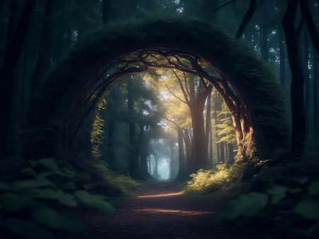 A magical portal made with tree branches in forest.の素材