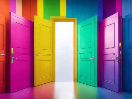 Colorful multi-colored doors. Colors of rainbow.の素材