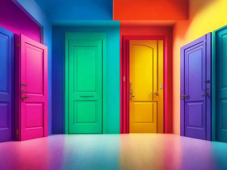 Colorful multi-colored doors. Colors of rainbow.の素材