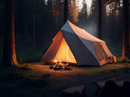 A tent in a forest with a camp fire, Generative AI Illustration.の素材
