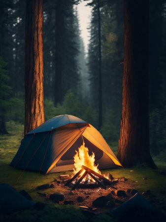 A tent in a forest with a camp fire, Generative AI Illustration.の素材
