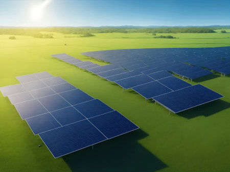 A solar panels system on green field, Generative AI Illustration.の素材