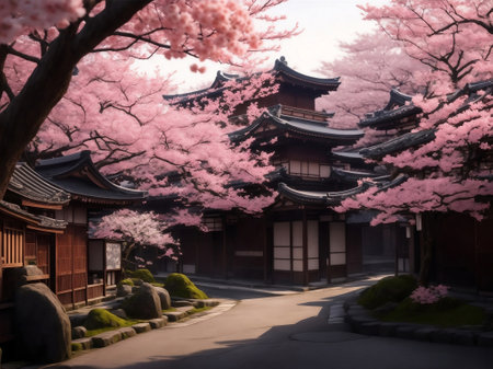 Traditional Japan old town with cherry blossom trees.の素材
