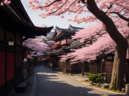 Traditional Japan old town with cherry blossom trees.の素材