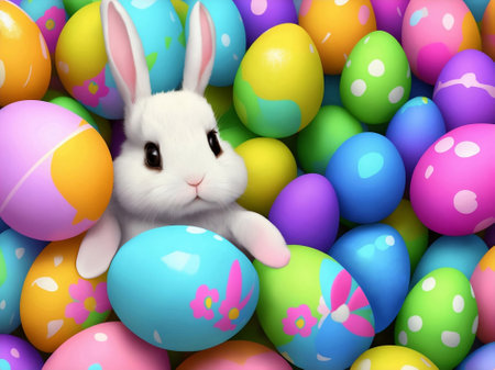 Happy bunny rabbits with easter eggs. Colorful Easter holiday celebrationの素材