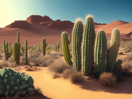 Many cactus plants in desert, Generative AI Illustration.の素材