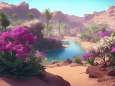 A beautiful fresh oasis in desert, Generative AI Illustration.の素材