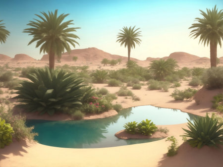 A beautiful fresh oasis in desert, Generative AI Illustration.の素材