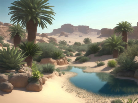 A beautiful fresh oasis in desert, Generative AI Illustration.の素材