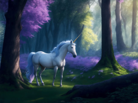 Fairy tale forest with unicorns, Generative AI Illustration.の素材