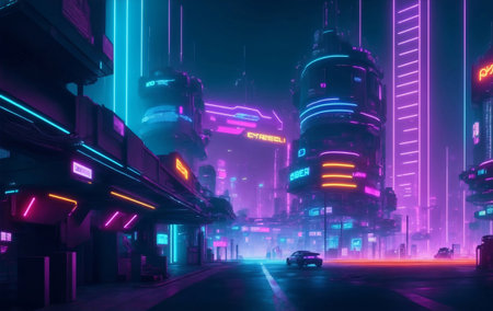 Futuristic cityscape at sunset with towering skyscrapers, Generative AI Illustration.の素材