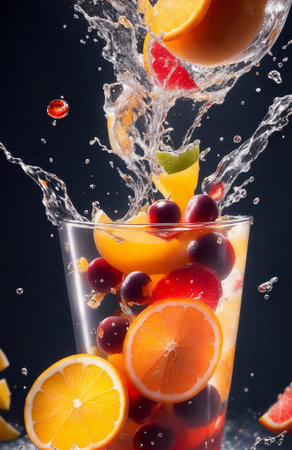 A colorful pieces of fruits splash, Generative AI Illustration.の素材
