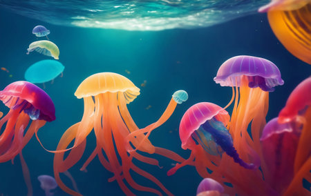 A colorful jellyfish under the sea, Generative AI Illustration.の素材