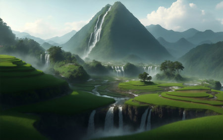 A rice field with mountain and waterfall Generative AI Illustration.の素材