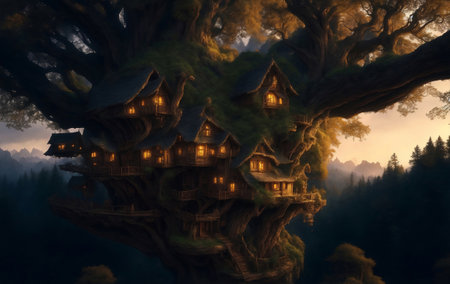 The fairytale treehouse village covered, Generative AI Illustration.の素材