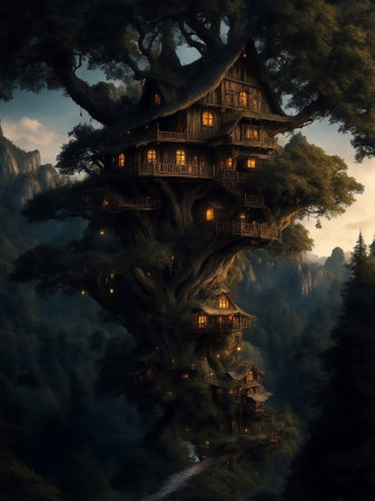 The fairytale treehouse village covered, Generative AI Illustration.の素材