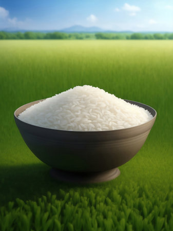 A rice in a ceramic bowl with rice field, Generative AI Illustration.の素材