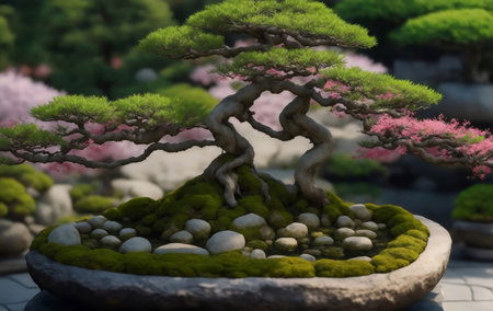 A japanese bonsai in japanese garden, Generative AI Illustration.の素材