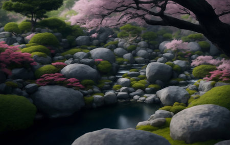 A Beautiful japanese garden , Generative AI Illustration.の素材