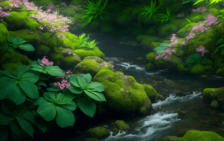 A beautiful river in forest with many plants, Generative AI Illustration.の素材