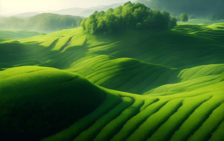 A Green tea field on mountain, Generative AI Illustration.の素材