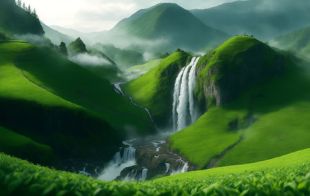 A Green tea field on mountain, Generative AI Illustration.の素材