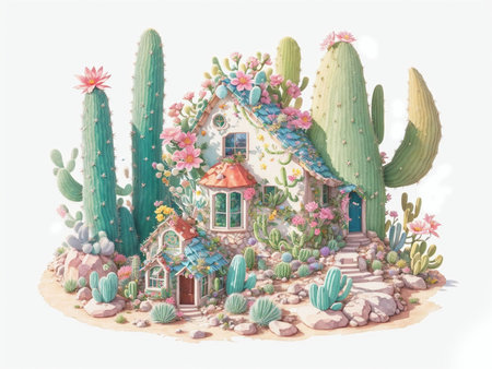 A Cute magical cactus fairy house, Generative AI Illustration.の素材