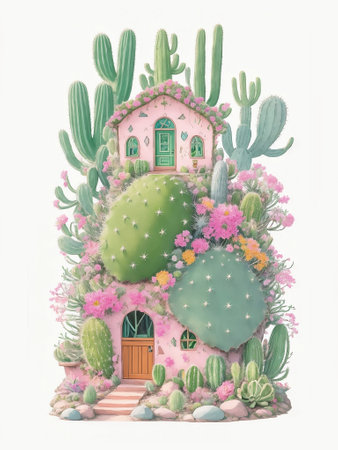 A Cute magical cactus fairy house, Generative AI Illustration.の素材