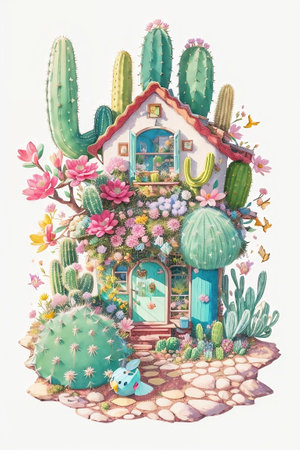 A Cute magical cactus fairy house, Generative AI Illustration.の素材