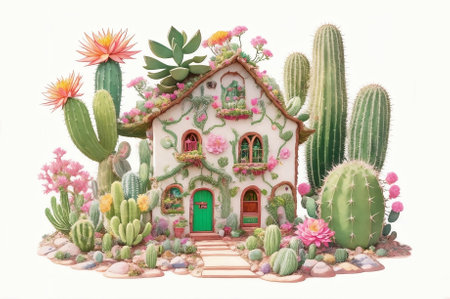 A Cute magical cactus fairy house, Generative AI Illustration.の素材