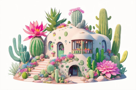 A Cute magical cactus fairy house, Generative AI Illustration.の素材