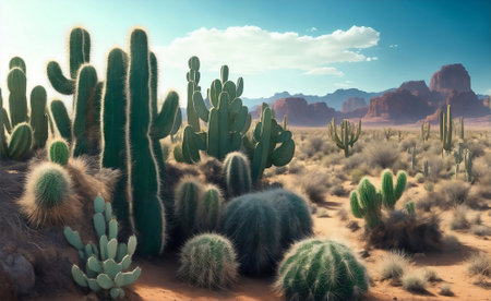 Many cactus plants in desert, Generative AI Illustration.の素材