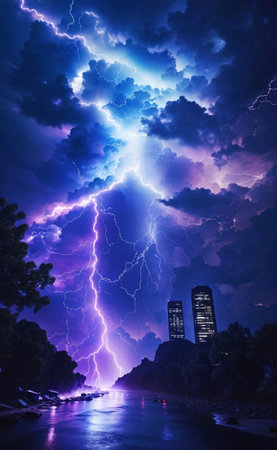 A Lightning bolt thunder on a dark background.の素材