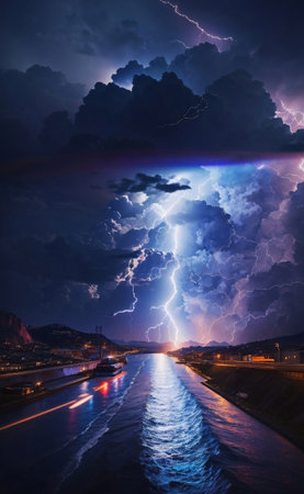 A Lightning bolt thunder on a dark background.の素材