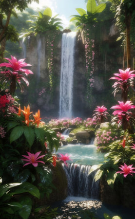 Waterfall in forest with blooming flowers, Generative AI Illustration.の素材